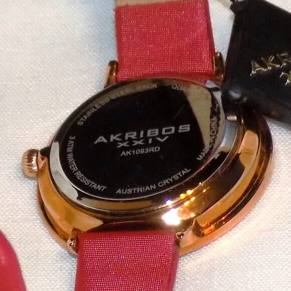 New $295 Tag Akribos XXIV Watch Swarovski Crystal Bezel, MOP Dial AK1093 Red - Picture 5 of 13